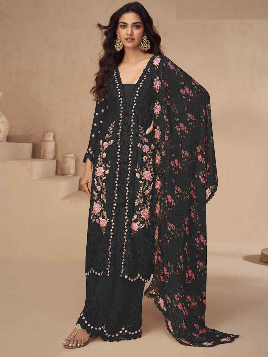 Black Chinon Silk Embroidered Party Casual Ready Palazzo Pant Salwar Kameez