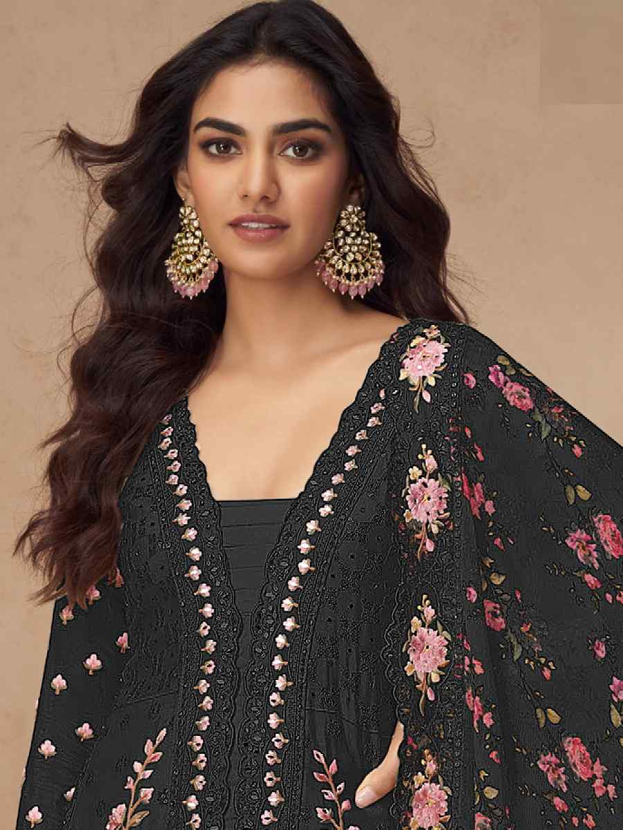 Black Chinon Silk Embroidered Party Casual Ready Palazzo Pant Salwar Kameez
