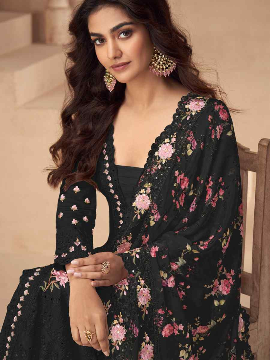 Black Chinon Silk Embroidered Party Casual Ready Palazzo Pant Salwar Kameez