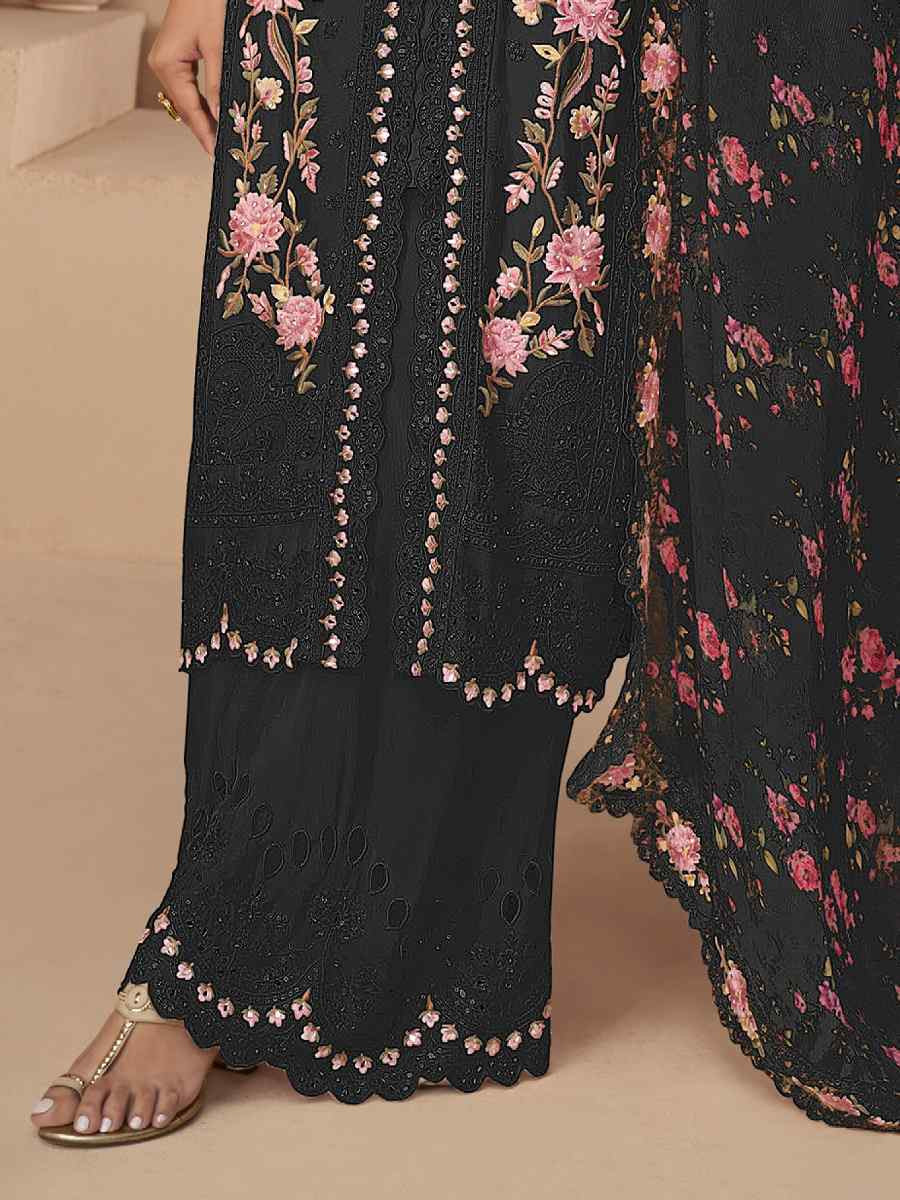Black Chinon Silk Embroidered Party Casual Ready Palazzo Pant Salwar Kameez