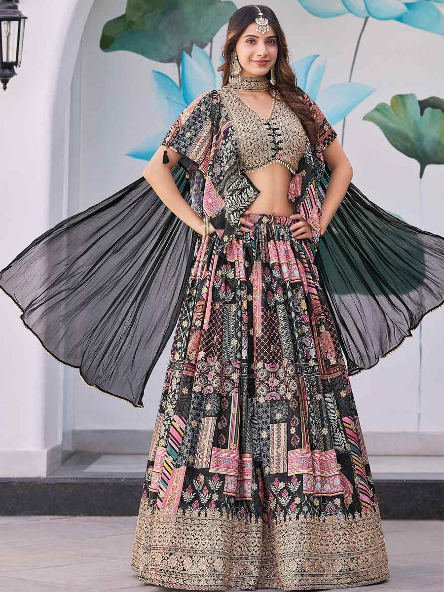 Black Chinon Silk Embroidered Wedding Reception Festival Heavy Border Lehenga Choli