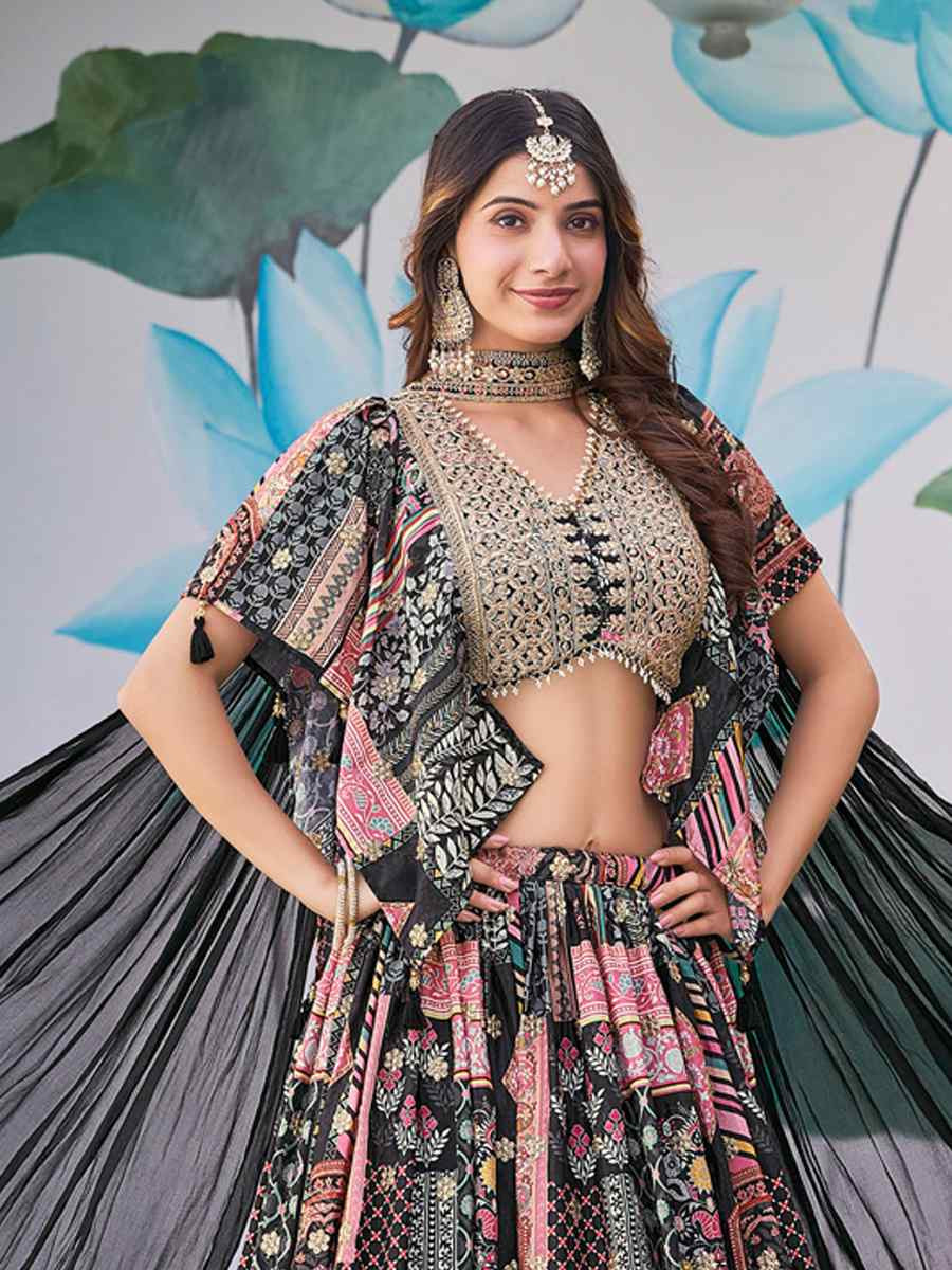 Black Chinon Silk Embroidered Wedding Reception Festival Heavy Border Lehenga Choli