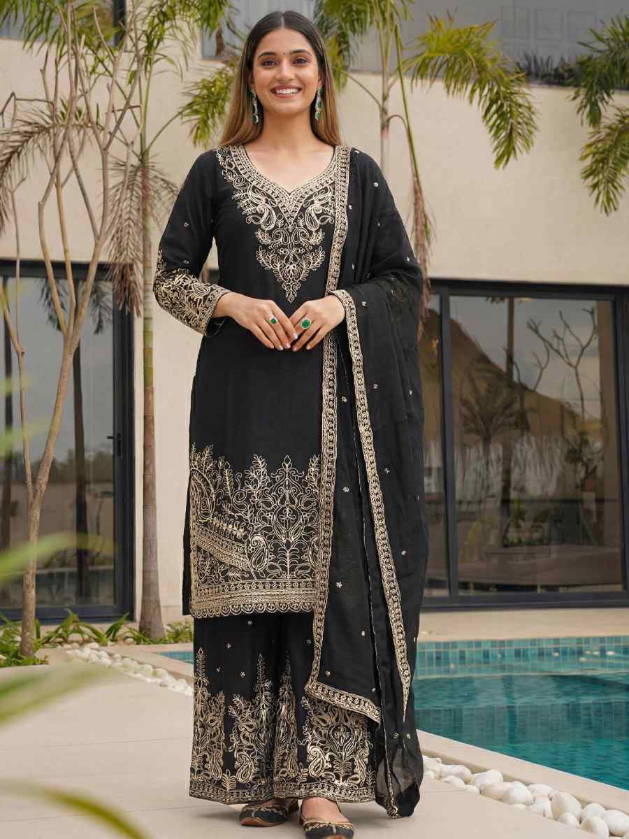 Black Chinon Silk Embroidery Party Wedding Festival Casual Ready Palazzo Pant Salwar Kameez