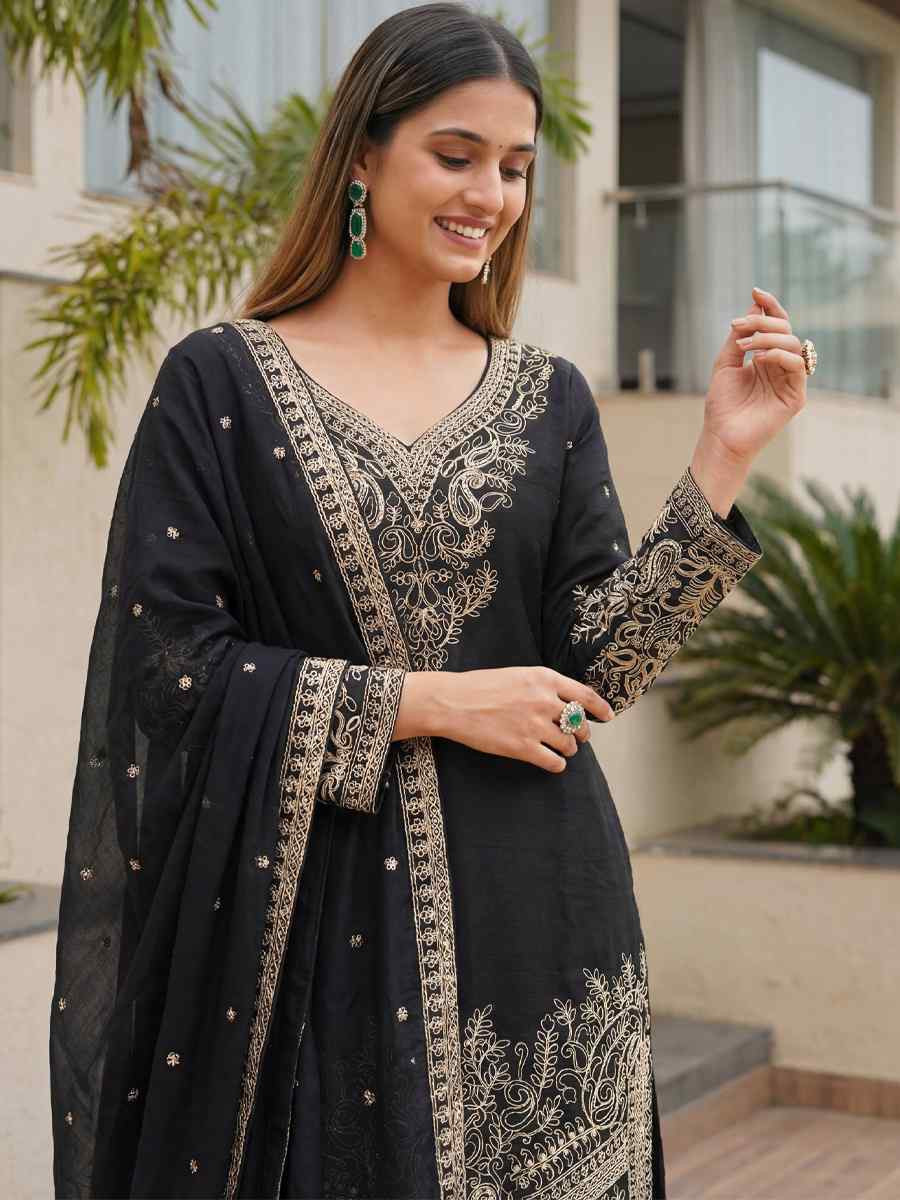 Black Chinon Silk Embroidery Party Wedding Festival Casual Ready Palazzo Pant Salwar Kameez