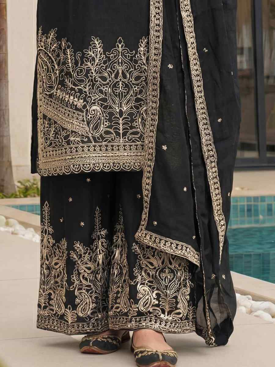 Black Chinon Silk Embroidery Party Wedding Festival Casual Ready Palazzo Pant Salwar Kameez