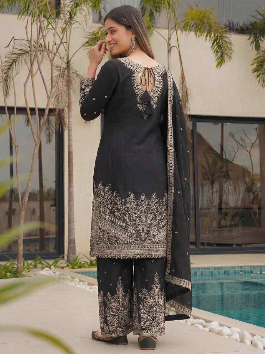 Black Chinon Silk Embroidery Party Wedding Festival Casual Ready Palazzo Pant Salwar Kameez