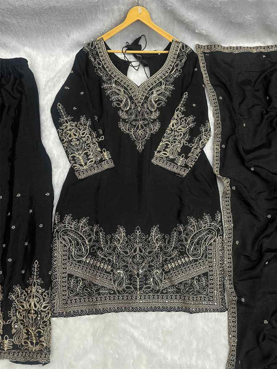 Black Chinon Silk Embroidery Party Wedding Festival Casual Ready Palazzo Pant Salwar Kameez