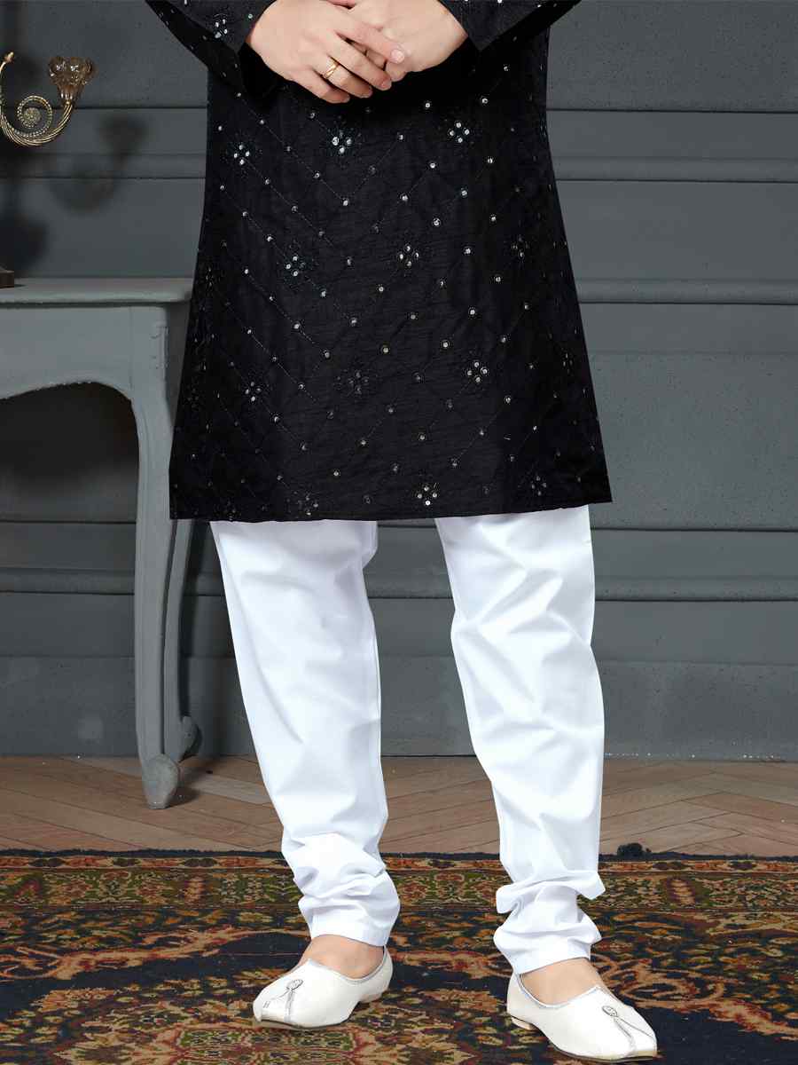 Black Cotton Art Silk Woven Festival Kurta