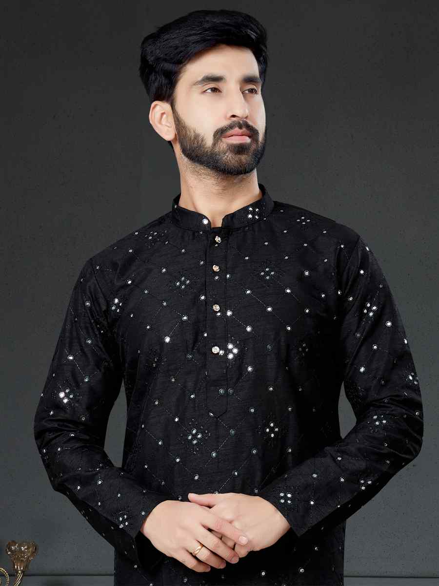 Black Cotton Art Silk Woven Festival Kurta