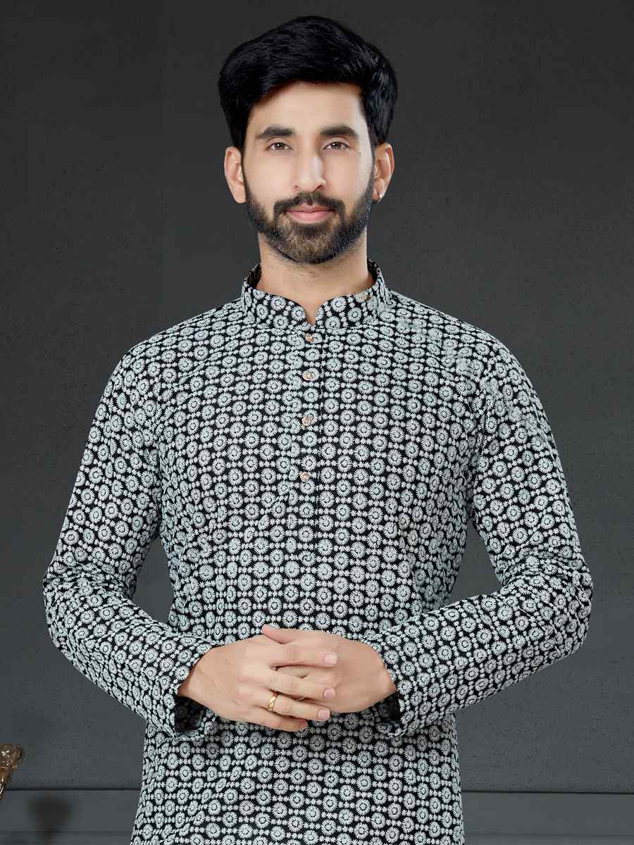 Black Cotton Art Silk Woven Festival Kurta