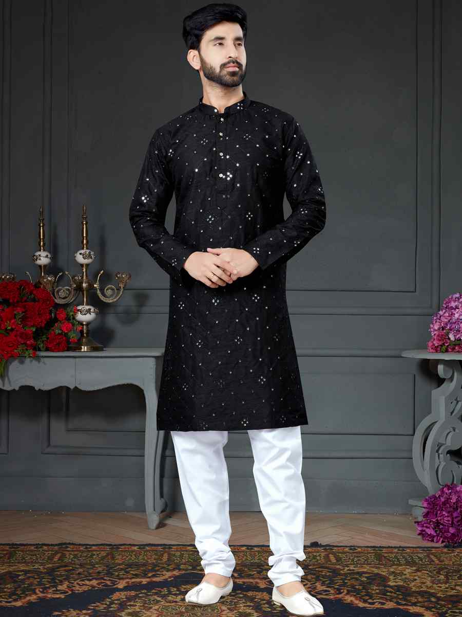 Black Cotton Art Silk Woven Festival Kurta