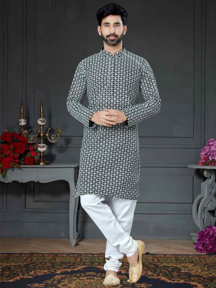 Black Cotton Art Silk Woven Festival Kurta