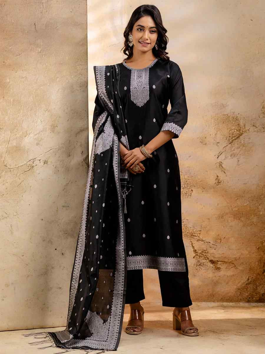 Black Cotton Blend Embroidered Festival Wedding Ready Pant Salwar Kameez
