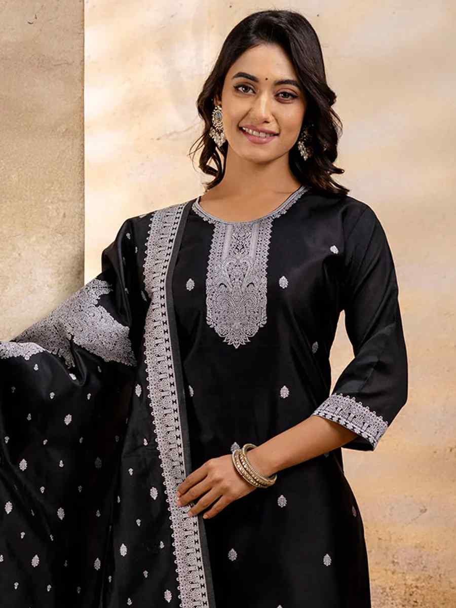 Black Cotton Blend Embroidered Festival Wedding Ready Pant Salwar Kameez