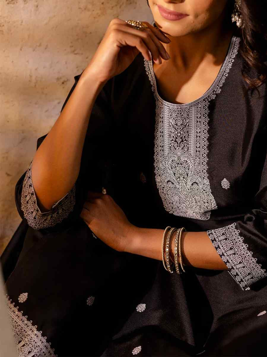 Black Cotton Blend Embroidered Festival Wedding Ready Pant Salwar Kameez