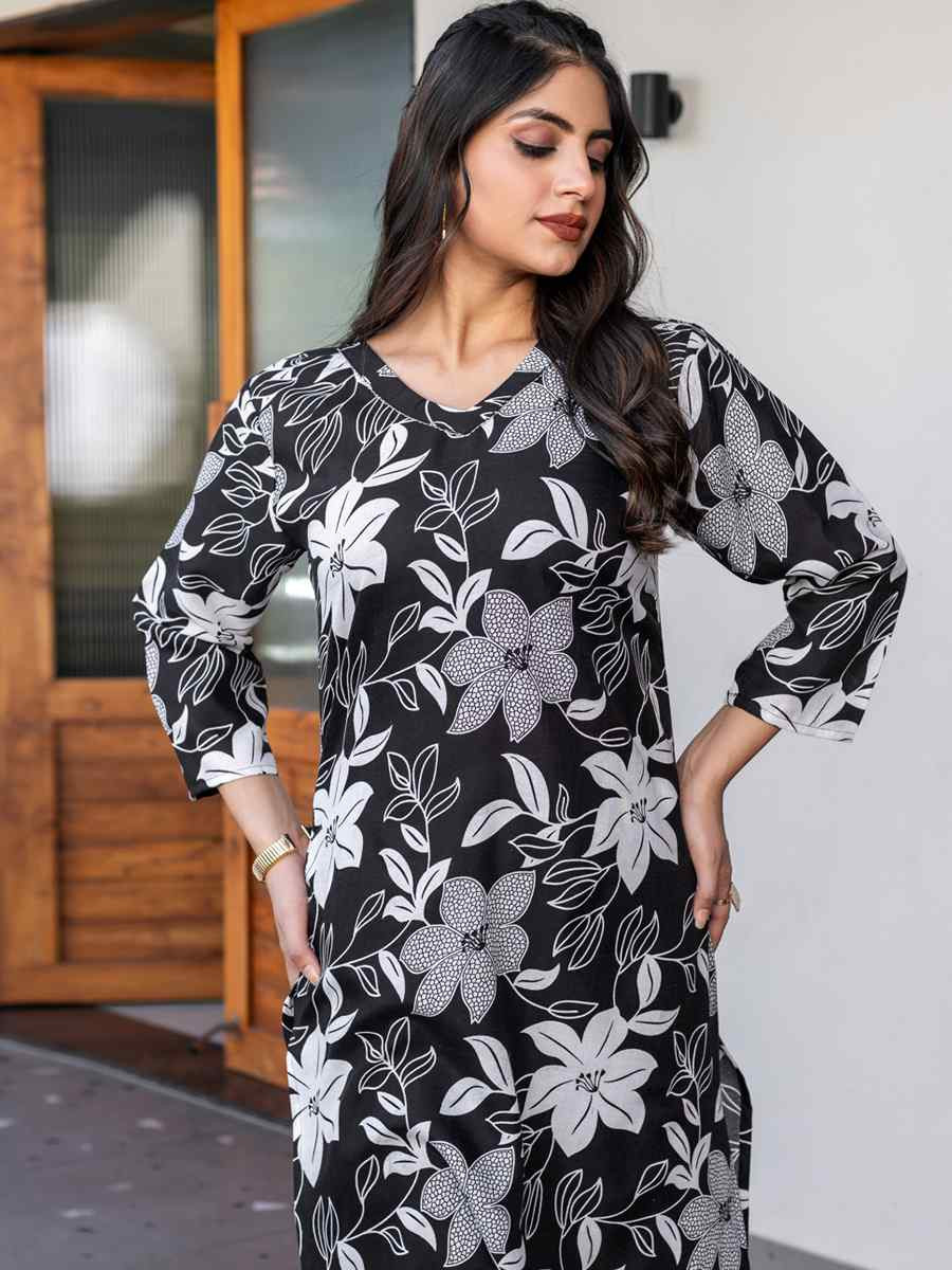 Black Cotton Blend Printed Festival Casual Kurti