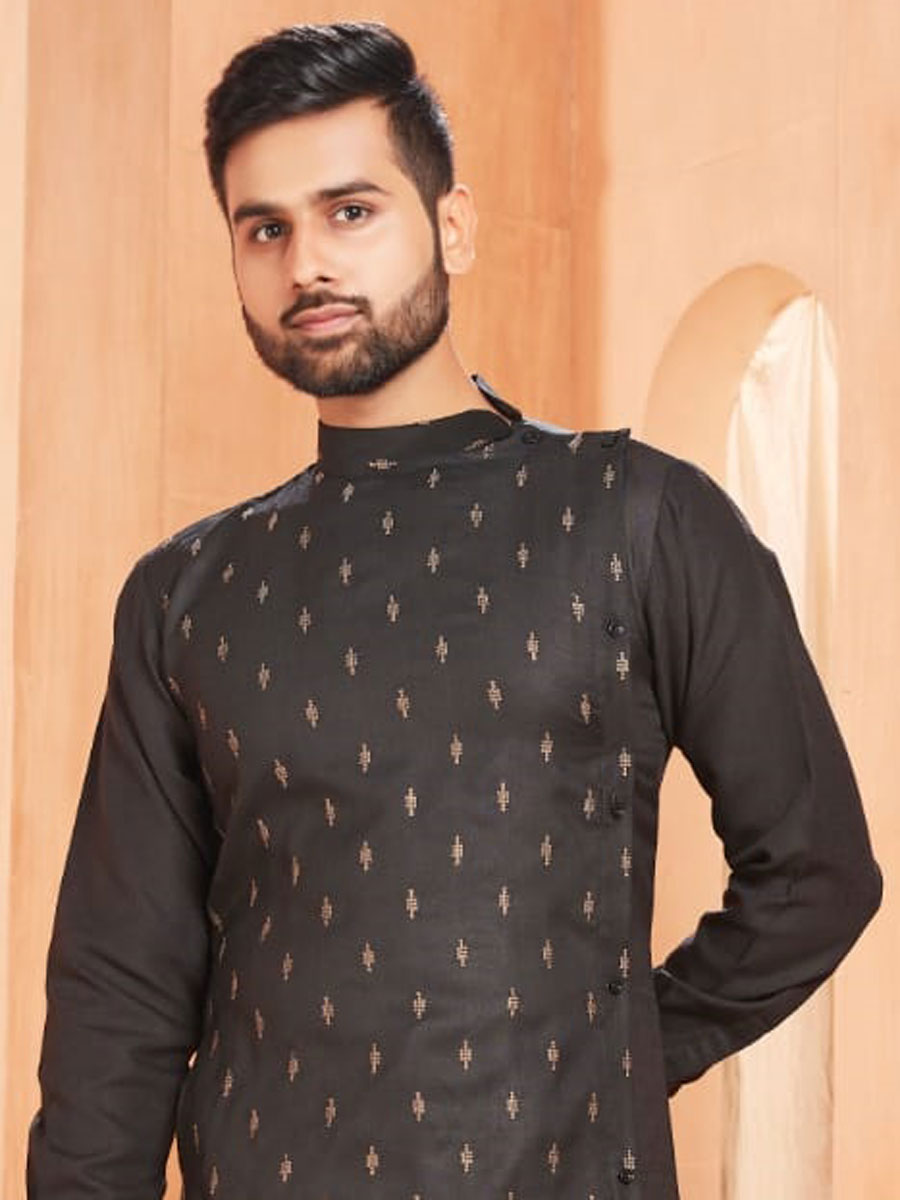 Black Cotton Embroidered Party Kurta