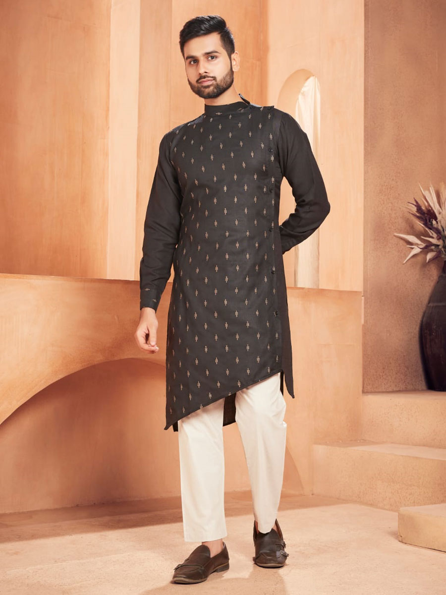 Black Cotton Embroidered Party Kurta