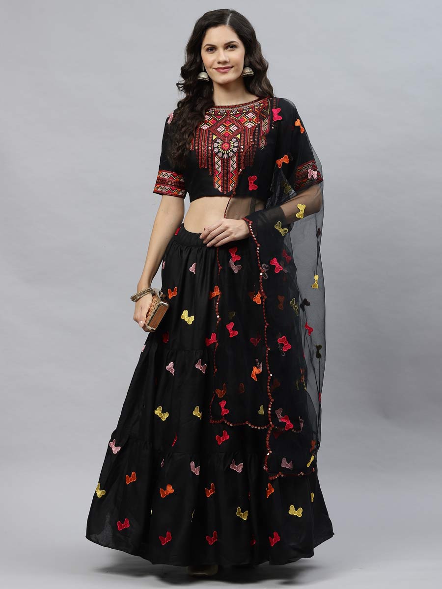 Black Cotton Embroidered Party Lehenga Choli