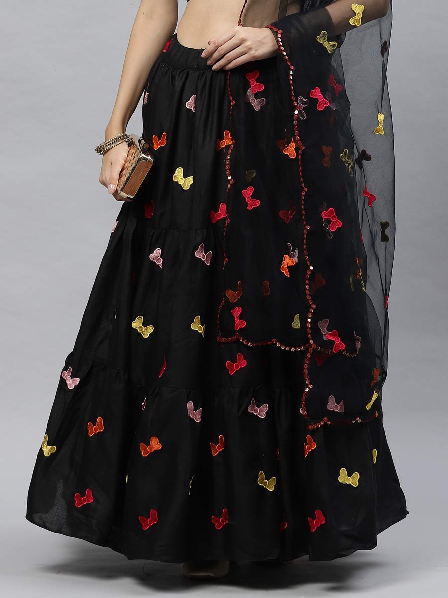 Black Cotton Embroidered Party Lehenga Choli