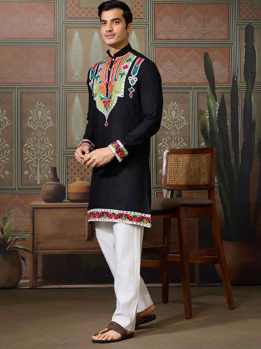 Black Cotton Embroidery Festival Wedding Party Kurta