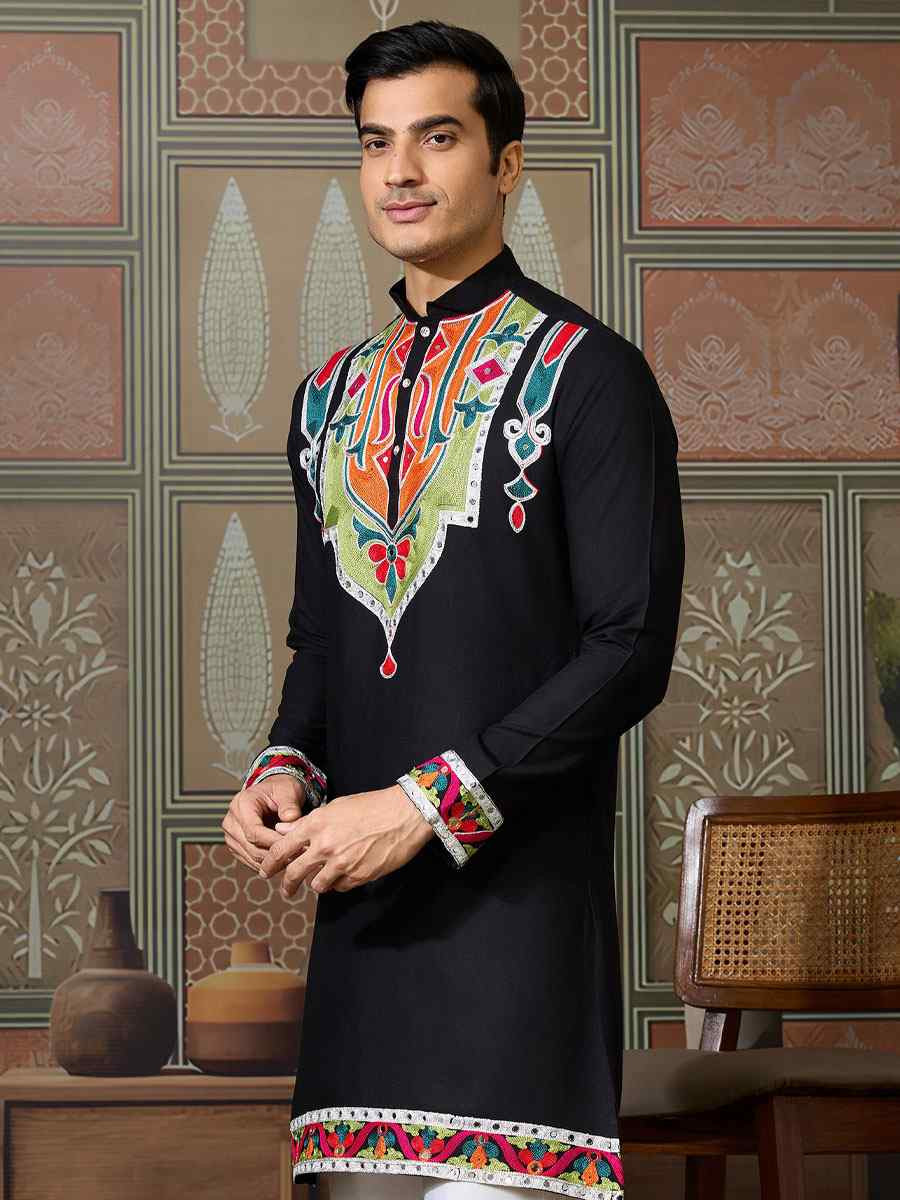 Black Cotton Embroidery Festival Wedding Party Kurta