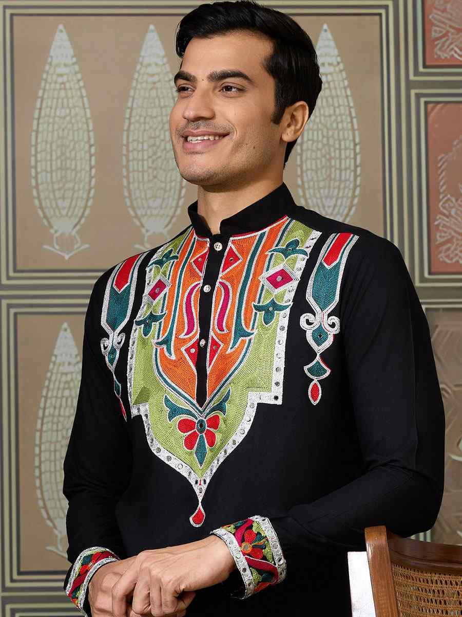 Black Cotton Embroidery Festival Wedding Party Kurta