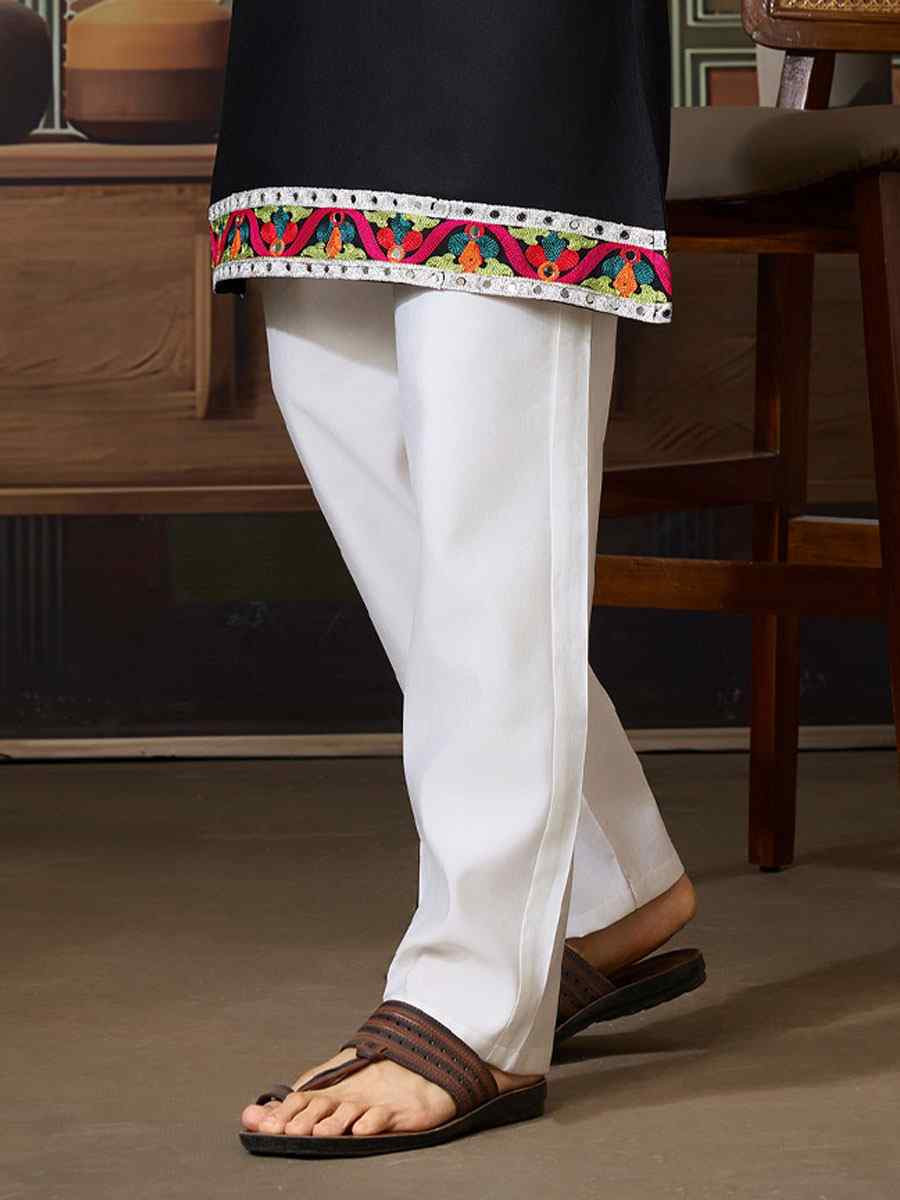 Black Cotton Embroidery Festival Wedding Party Kurta