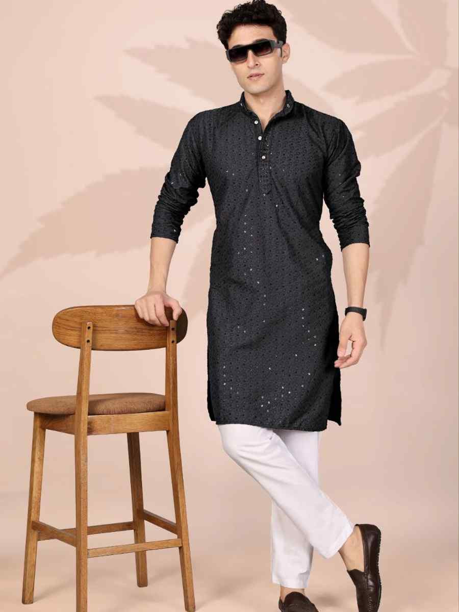 Black Cotton Embroidery Festival Wedding Party Mens Kurta