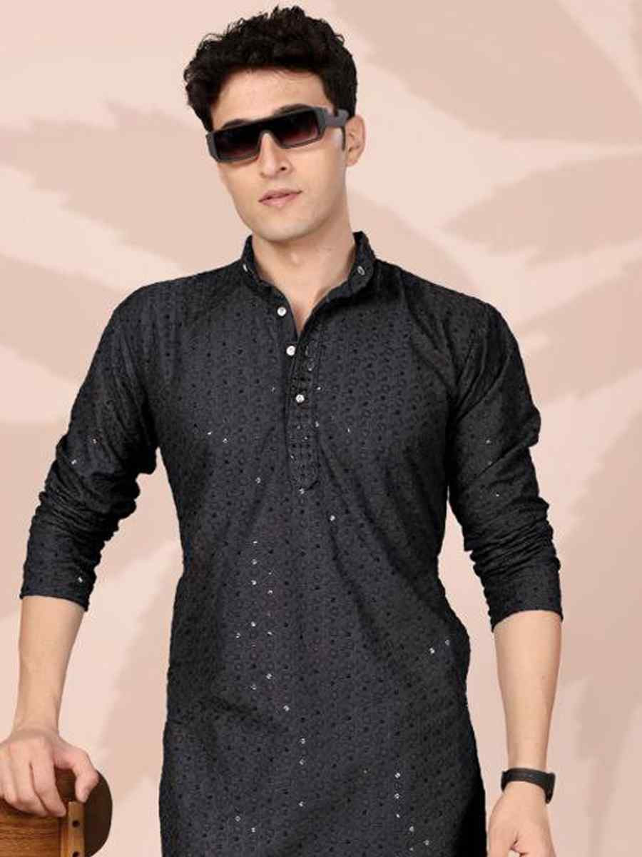 Black Cotton Embroidery Festival Wedding Party Mens Kurta