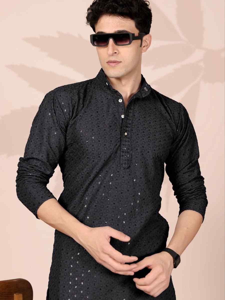 Black Cotton Embroidery Festival Wedding Party Mens Kurta