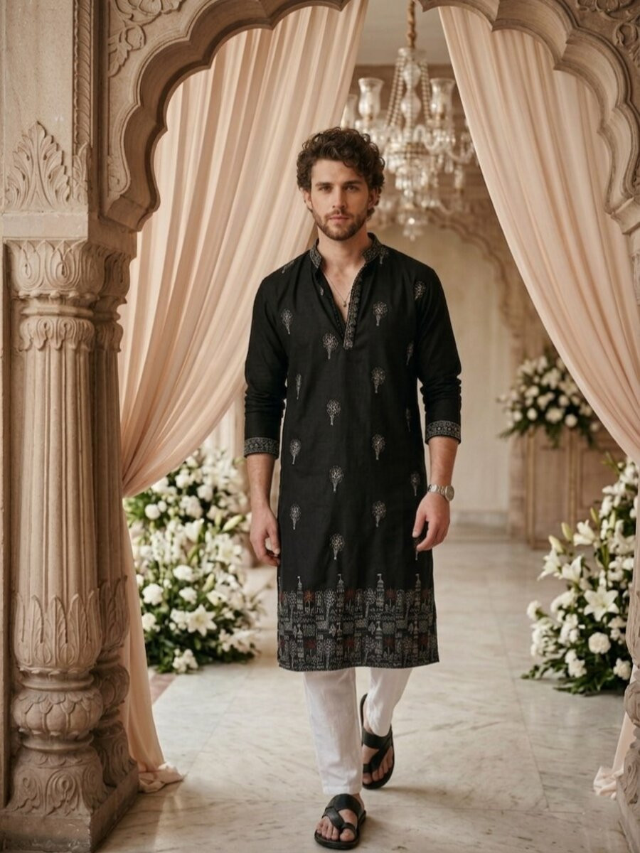 Black Cotton Embroidery Wedding Party Festival Casual Mens Kurta