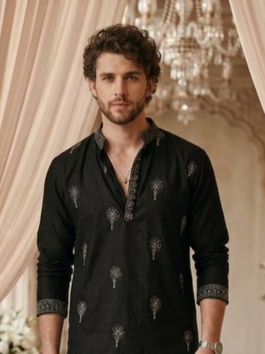 Black Cotton Embroidery Wedding Party Festival Casual Mens Kurta
