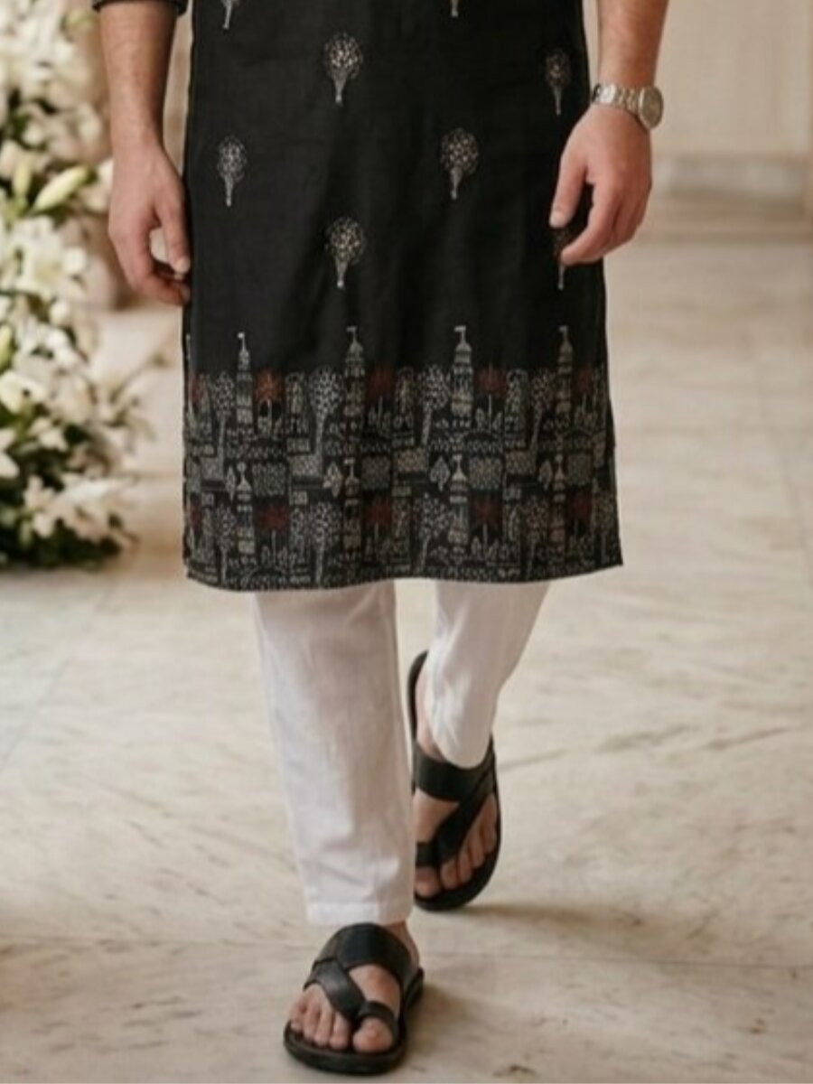 Black Cotton Embroidery Wedding Party Festival Casual Mens Kurta