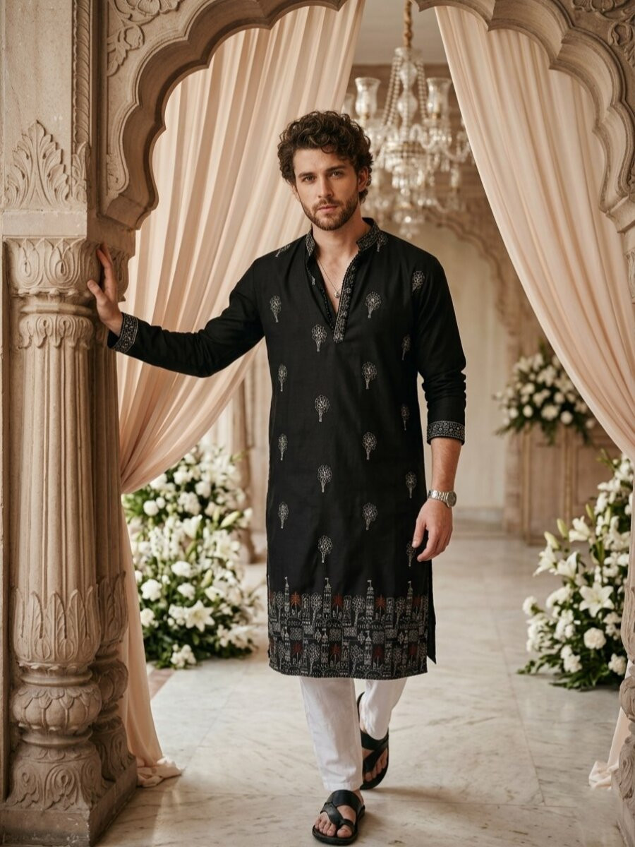 Black Cotton Embroidery Wedding Party Festival Casual Mens Kurta