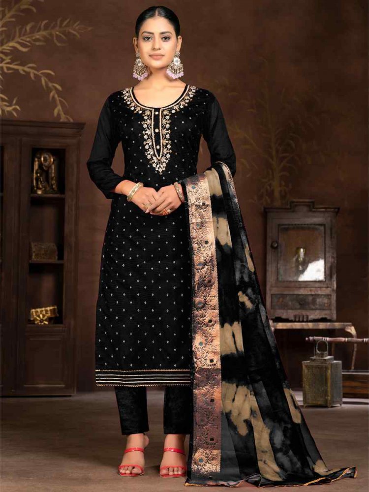 Black Cotton Jacquard Embroidered Casual Festival Pant Salwar Kameez