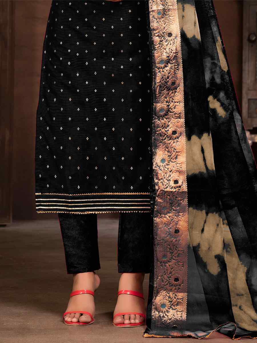 Black Cotton Jacquard Embroidered Casual Festival Pant Salwar Kameez