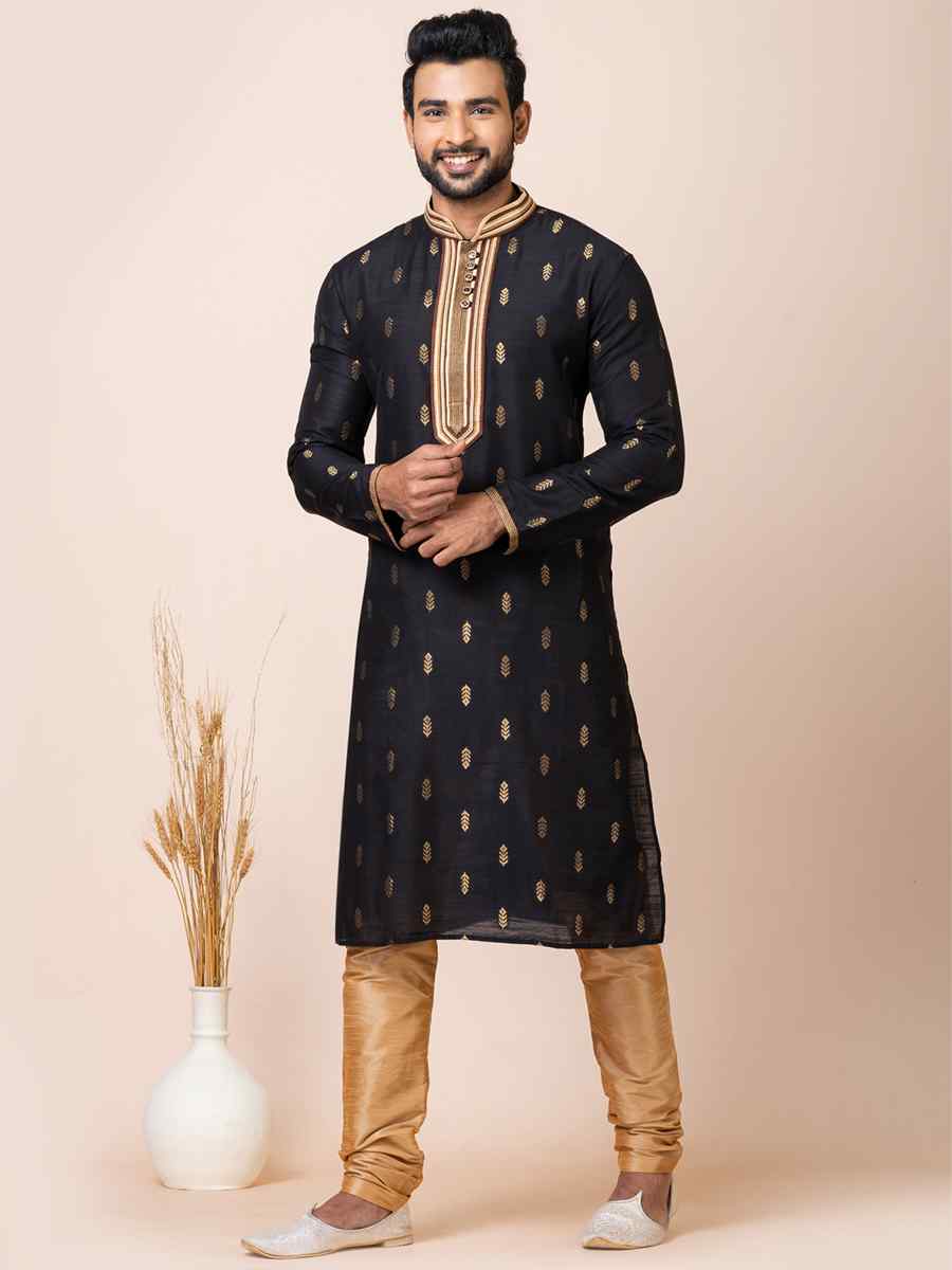 Black Cotton Jacquard Silk Woven Festival Mehendi Kurta