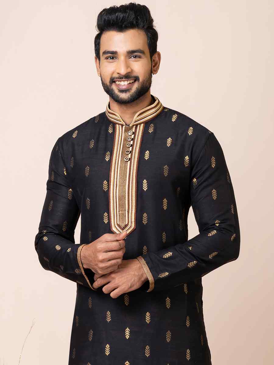 Black Cotton Jacquard Silk Woven Festival Mehendi Kurta