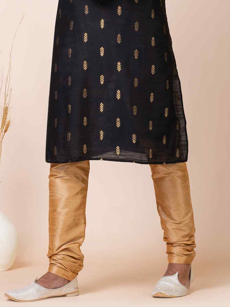 Black Cotton Jacquard Silk Woven Festival Mehendi Kurta