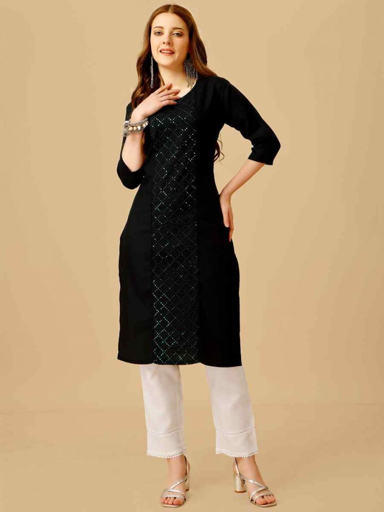 Black Cotton Magic Slub Embroidered Festival Casual Kurti