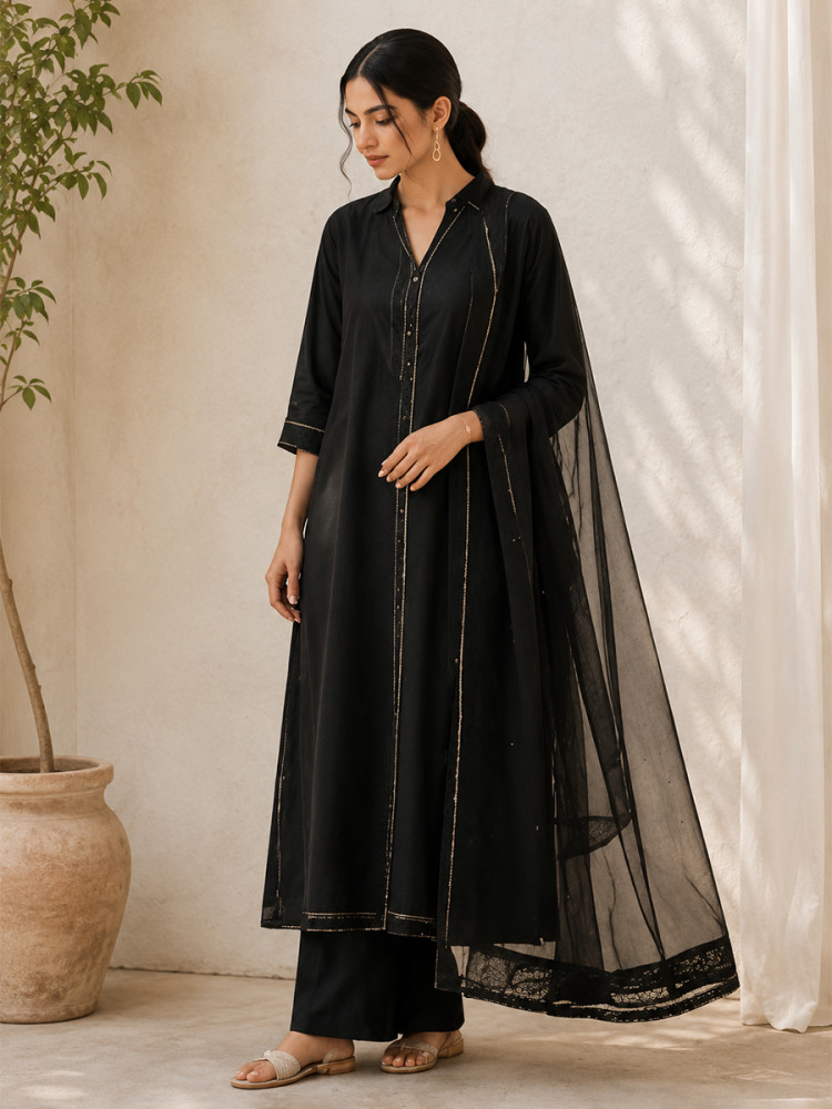 Image of Black Cotton Plain Wedding Party Festival Casual Ready Palazzo Pant Salwar Kameez
