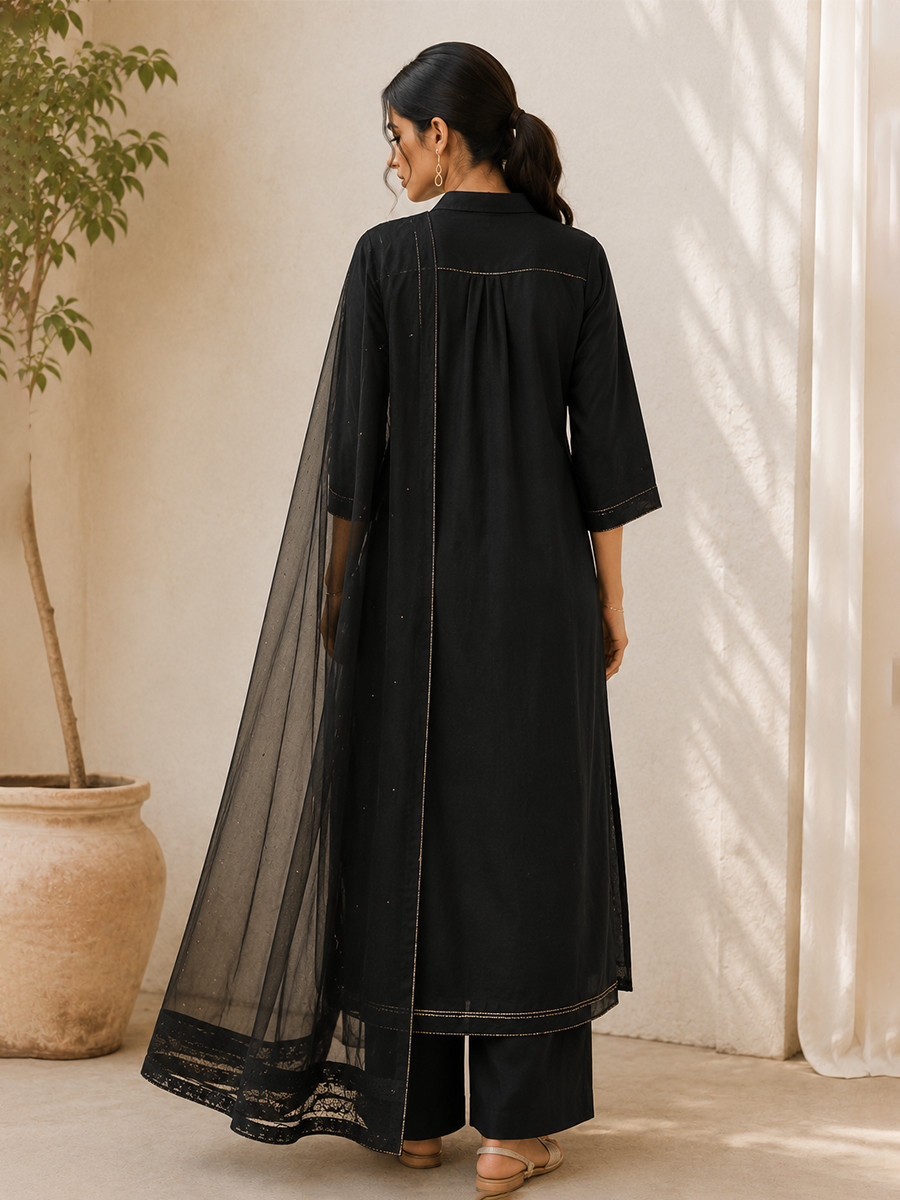 Black Cotton Plain Wedding Party Festival Casual Ready Palazzo Pant Salwar Kameez