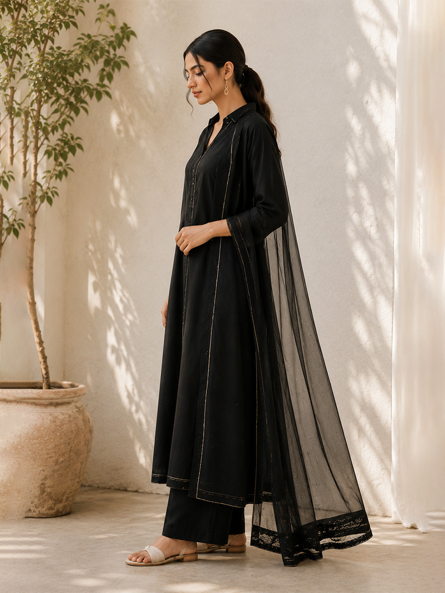 Black Cotton Plain Wedding Party Festival Casual Ready Palazzo Pant Salwar Kameez