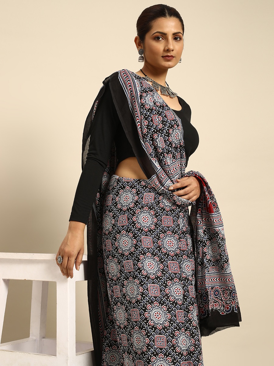 Black Cotton Printed Festival Casual Contemporary Sarees