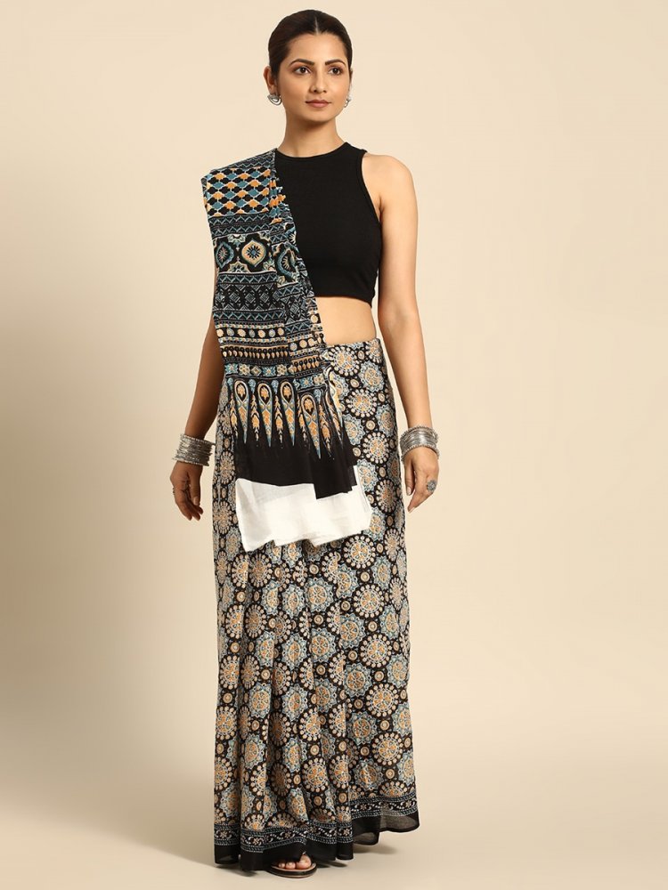 Black Cotton Printed Festival Casual Contemporary Sarees