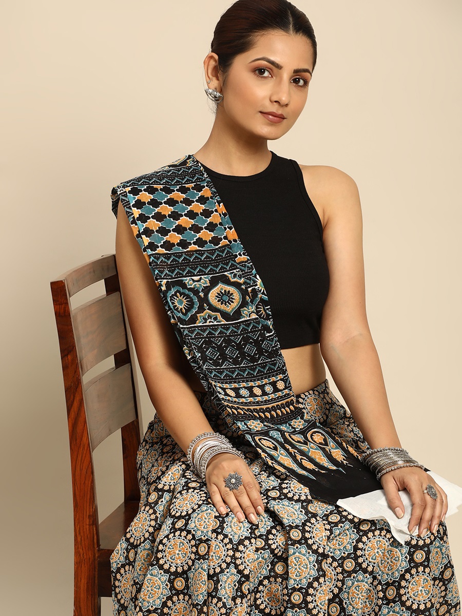 Black Cotton Printed Festival Casual Contemporary Sarees