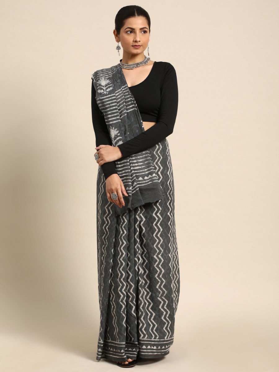 Black Cotton Printed Festival Casual Contemporary Sarees