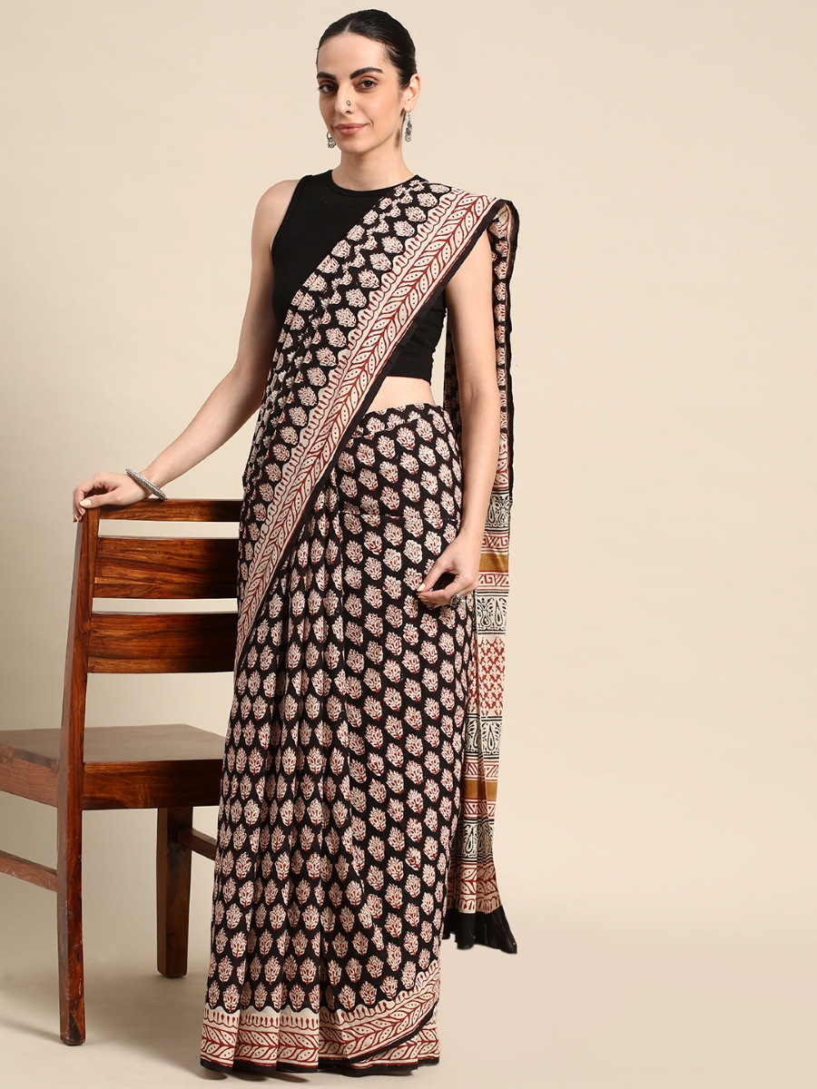 Black Cotton Printed Festival Casual Contemporary Sarees