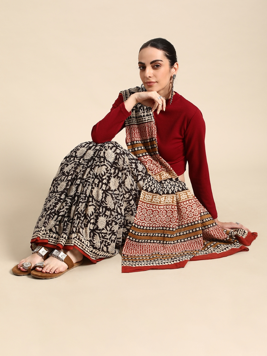 Black Cotton Printed Festival Casual Contemporary Sarees